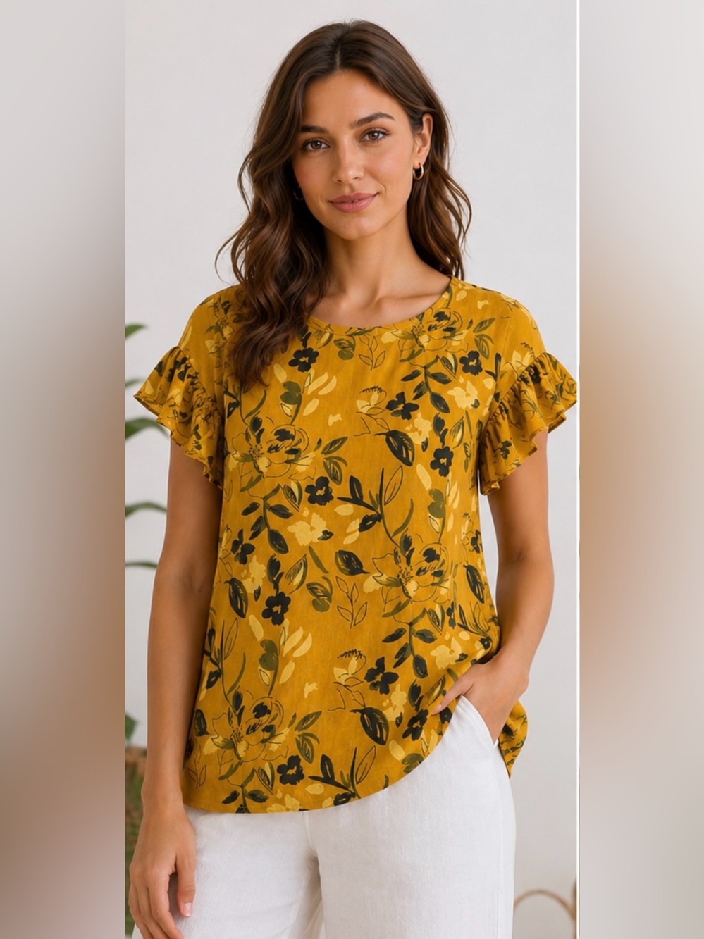 Elena Baldi Linen Floral Blouse Ruffle Sleeve Mustard Yellow Italy NWT Size S
